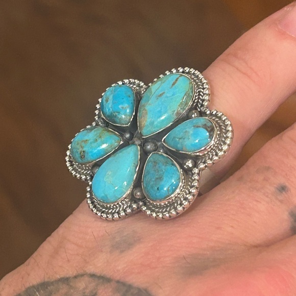 Sterling silver Native American Southwest turquoise adjustable cluster ring .925 - Picture 5 of 10